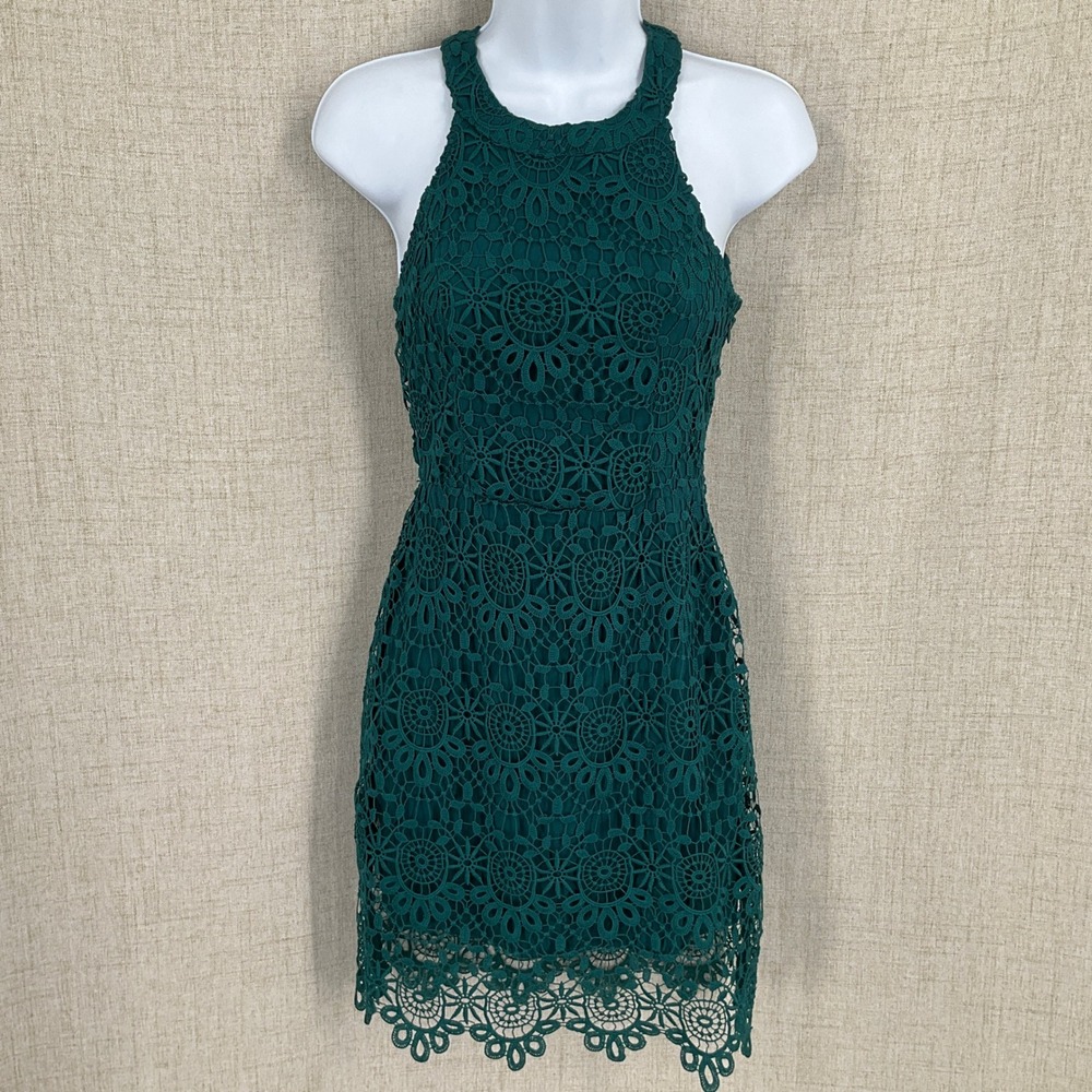 Hollister Crochet Lace Mini Dress Womens‎ 0 Teal Green Halter Boho Y2K